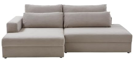 Generisch Ecksofa - 224 x 149 cm - Greige - Cord - mit Ausziehfunktion und Bettkasten