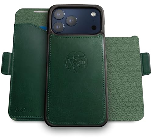 Dreem Vegan Leder Handyhülle für iPhone 17 Pro, Magnetisch & Abnehmbar | Neuartig vert/horiz Handyhalter, RFID-blockierende Kartenhülle, Kompatibel mit MagSafe, Geschenkbox [Fibonacci: Dunkelgrün]