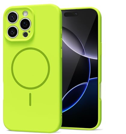 LoeoeL Magnetic Phone Case for iPhone 16 Pro Max Case Silicone, Cute Slim Thin Phone Cover Compatible with MagSafe for Women, Girly Soft Rubber Gel Mag Safecase with Camera Protection, Neon Green