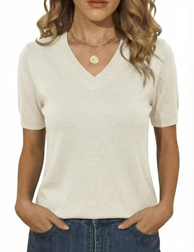Totatuit Camiseta de Punto Mujer Manga Corta Cuello en V Suéter Ligero Primavera Casual Elegante Básico Blanco，S