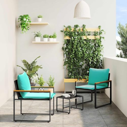 Bucmath Möbelsets mit Kissen, 3-teiliges Rattan-Loungeset, Schwarz Türkis, UV-beständig, wetterfest, für Garten und Terrasse, Memory-Schaumkissen
