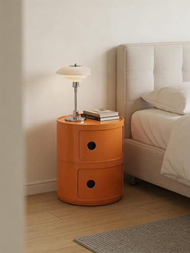 ZXDFG Table De Chevet Ronde Componibili Moderne avec Tiroirs Et Porte Coulissante - Meuble Rangement Léger en Plastique, Armoire Étagère pour Chambre, Salon, Salle Bain(Orange,2 Tier)