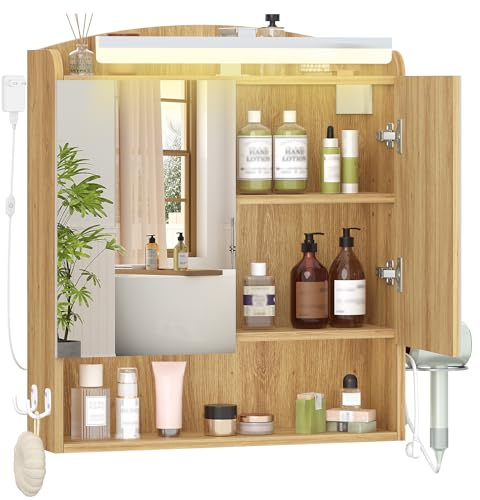 Hzuaneri Spiegelschrank Bad mit Beleuchtung, Wandschrank | Badezimmerschrank mit Spiegel, verstell. Regal, Haartrockner-Halter und Haken, Helle Eiche, 16,5 x 60 x 68,5 cm MC10026XEU