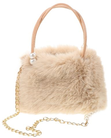 Handtasche Damen mit Perlenkette Flauschige Kunstpelz | Beige, Plüsch und Kunst PU, Schulter oder Crossbody Tragen, für Arbeit und Abend