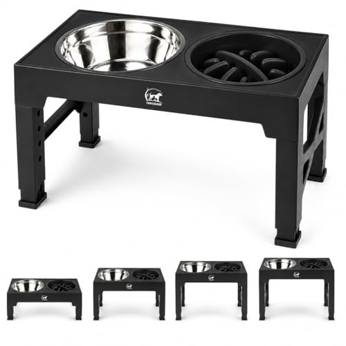 Raised Dog Bowl for S+M+L Dogs, 2 Stainless Steel & 1 Slow Feeder Bowls | 5 Height Adjustable Raised Dog Bowl with Stand, 2x Stainless Steel 1200ml & 800ml Slowfeeder Bowls, Non-Slip & Non-Spill