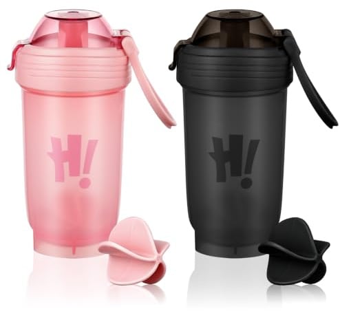 AOOWU Protein Shaker, 2 Stück 600ml Eiweiß Shaker, Proteinshaker mit Messskala, BPA Frei, Auslaufsicher, Geruchsneutraler Shake Becher mit 2 Mixball für Proteinpulver, Proteinshake (Schwarz+Rosa)