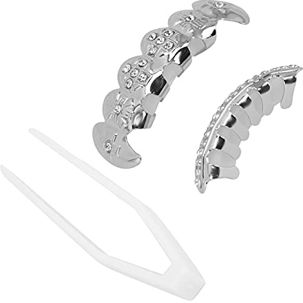 Zahnspange, Hip Hop Teeth Grill Set Microset Diamond Braces, Wiederverwendbare Hip Hop Zähne Dekoration Klammer, Bling Zähne Dekoration für Party(Silber)