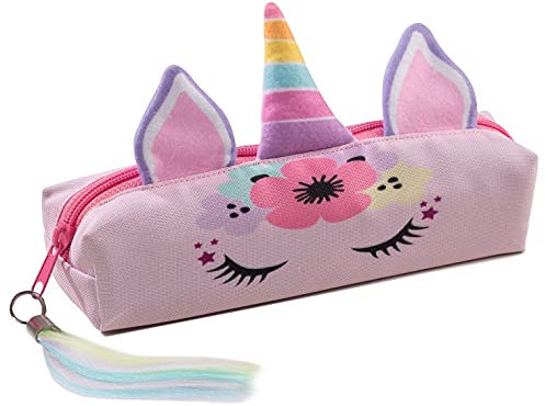 Licorne avec oreilles et corne Trousse scolaire queue arc-en-ciel Sac a Crayon Trousse de toilette Trousse Plumier Organisateur Garçons Fille, Unicorn [008]