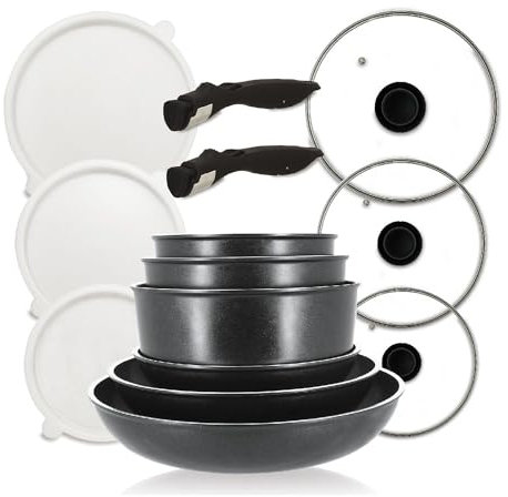 MENASTYL - set de 14 pièces – 3 poêles 20/24 / 28 cm + 3 casseroles 16/18 / 20 cm + 3 couvercles en verre 20/24 / 28 cm + 3 couvercles hermétiques + 2 poignées amovibles - 6020287