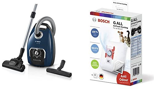 Bosch Staubsauger mit Beutel Serie 8 BGB75X494, Bodenstaubsauger, 650 W, blau & x Staubsaugerbeutel AirFresh Typ G All, BBZAFGALL, 99,9% Feinstaubfilterung, ideal für Tierbesitzer