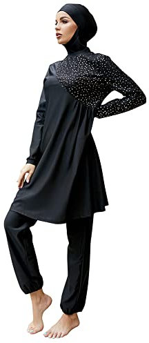 Frauen Muslimische Badeanzug Burkini Damen Muslim Full Cover Islamisch Arabisch Jilbab Schwimmanzug Langarm Schwimmoberteile Built in Bra+Schwimmhose+Hijab 3tlg Ganzkörper Modest Bademode 8#Schwarz S