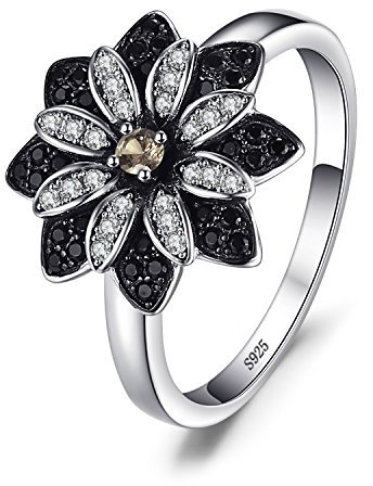 JewelryPalace Gänseblümchen Echt Natur Rauchquarz Spinell Ring Damen, Schwarz Naturstein Blume Schmuck Set, Silber 925 für Frauen Cocktail Schmuck Mädchen 54
