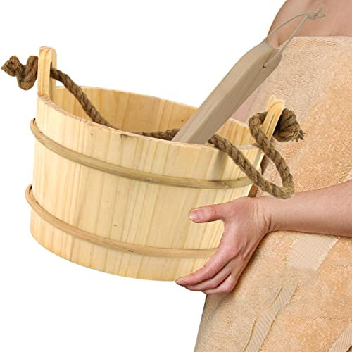 Leling 5 Sauna Bucket With Spoon - Wood Sauna Bucket And Spoon | Spa Accessory For Sauna Room, 1.3 Gallon Barrel, Rope Handle Design