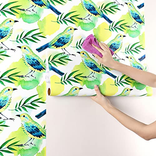 HotDecor Klebefolie MöBel Selbstklebende Tapete Blau Grün Vögel/Blumen Küche Folie für Möbel Küchenschränke Grüne Blätter Möbelfolie Muster Selbstklebend Blau Wandtapete Wohnzimmer 60cm X 300cm