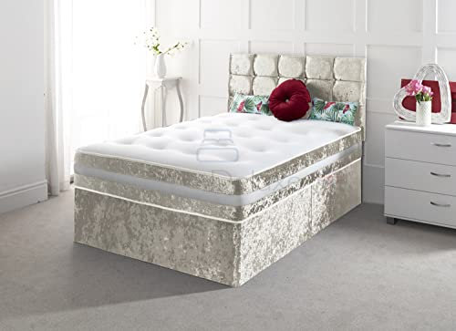 Comfy Deluxe LTD Crushed Velvet Divan Bed with Mattress Headboard and Storage Drawers (Cream, 4FT (Small Double) - 2 Drawers Same Side)