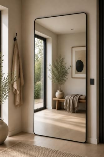 MirrorOutlet The Angulis - Black Modern Aluminium Curved Edged Wall Leaner Mirror 68 X 33 (174CM X 85CM) Silver Mirror Glass.