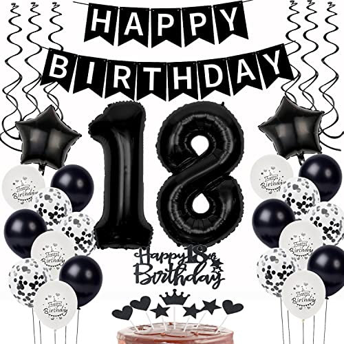 Schwarz Weiß Luftballons 18. Geburtstag Dekoration, Happy Birthday 18 Jahre Junge Mädchen Tortendeko mit Ballons