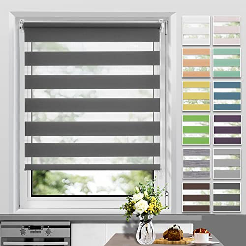 Allesin Doppelrollo Klemmfix ohne Bohren & mit Bohren, Duo Rollos für Fenster und Tür, Klemmrollo Fensterrollo lichtdurchlässig, Sichtschutz und Sonnenschutz, 55x120cm (BxH), Anthrazit