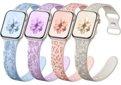 Upeak 4 Pack Multi-patrón Grabado Correas Compatible con Correa Apple Watch 40mm 38mm 41mm Mujer, Silicona Suave Flores Leopardo Pulsera para Correa iWatch Ultra SE Serie 9 8 7 6 5 4 3 2 1, Set B