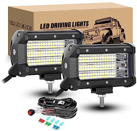 RIGIDON Phare de travail led avec 12v faisceau de câblage kit, 2PCS 5 13cm 135W Flood Projecteur LED Voiture 6000K Etanche feux antibrouillard pour Voiture Camion Tracteur SUV Bateau