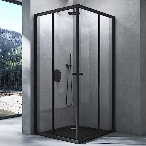 Mai & Mai Cabine de Douche Noir en Angle sans Receveur 80x70x190cm | Pare-douche avec Porte Coulissante, Paroi de Douche Transparent, Verre Trempé Nano 6mm, Montage Réversible, RAV16K-Plus