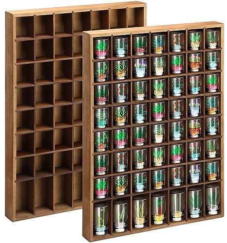 Barydat Schnapsglas-Vitrine aus Holz, 56 Fächer, Schnapsglasregal, Wandmontage, rustikaler Glas-Barschrank (braun, 2 Stück)