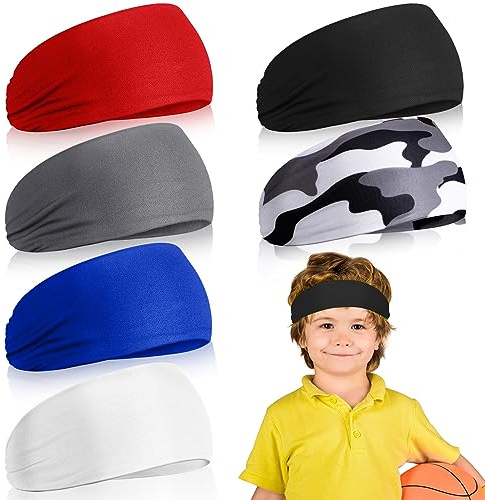 6 Pcs Athletic Sweatbands - Boys Kids Youth Sweat-Absorbing Elastic Headbands for Football (Colorful)