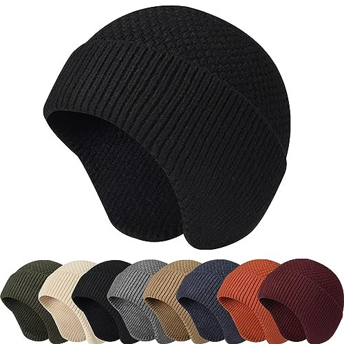 Enwokran Bonnet d'hiver chaud unisexe extensible coupe-vent avec cache-oreilles en tricot avec cache-oreilles pour la course à pied, la pêche, le ski, le cyclisme, les sports de plein air, Noir ,
