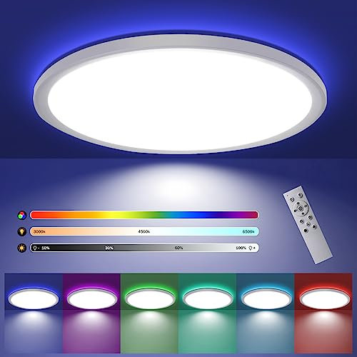 Glitzerlife LED Deckenleuchte Flach Weiß - 28W RGB Deckenlampe mit Fernbedienung Farbwechsel 3000K-6500K Badlampe Rund Ø30CM Hintergrundbeleuchtung für Schlafzimmer Badezimmer Küche Flur