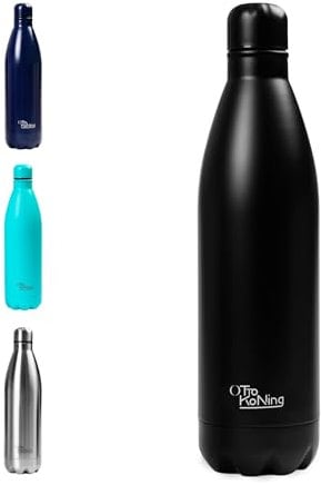 Botella Agua Acero Inoxidable 1 Litro-Otto Koning- Botella Térmica con Doble Aislamiento al vacío para 12 Horas de Bebida Caliente y 24 Horas de Bebida Fría. Termo a Prueba de Fugas sin BPA