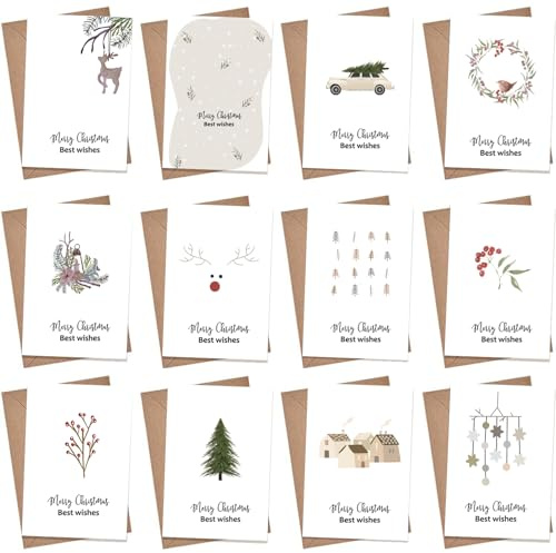FiveMileBro Weihnachtskarten mit umschlag set, 12er weihnachtskarten A6 postkarten set mit weihnachtlichen motiven weihnachtsgrüße, weihnachtskarte für familie freunde (A)