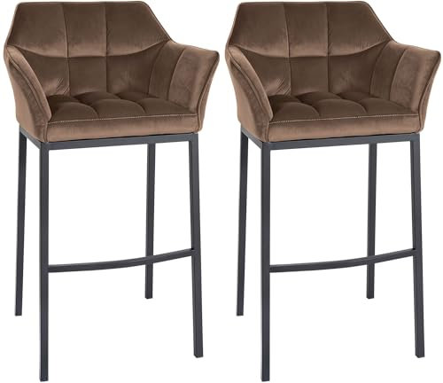 CLP Barhocker 2er Set mit Lehne Damaso, Barstühle gepolstert mit Samtbezug, Vierfußgestelle aus Metall, Tresenhocker bis 240 kg belastbar, Farbe:braun, Material Gestell:Metall matt schwarz