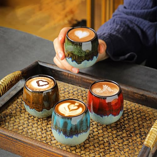 ERBO Espressotassen Set 80ml, 4er Set Mini Espresso Tassen, Kleine Teetasse Espressotasse Kaffeetasse aus Keramik, Kaffeebecher Keramik, Espresso Tasse, Espresso- & Mokkatassen, Künstlerdesign Tasse