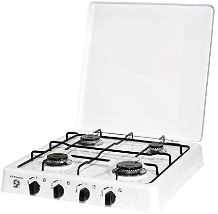 Hornillo a gas, acabado esmaltado blanco, 4 fuegos con quemadores esmaltados en negro, quemadores: 740W, 1400W, 1400W y 1900W, Medidas: 510 x 100 x 545 mm.