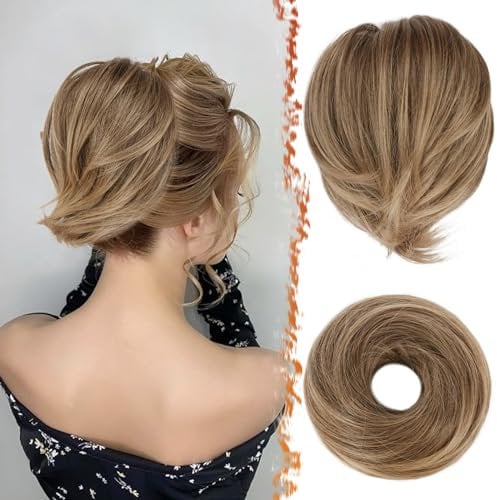 BARSDAR Haarknoten Pferdeschwanz, Gerades Synthetisch Kurzes Pferdeschwanz Dutt Haarverlängerung Gummiband Braun Dutt Haar Scrunchie Haarteil für Damen - Asch Braun Gemischtes