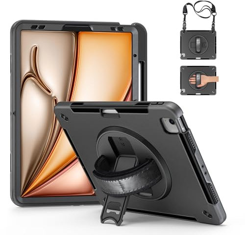 Junfire Hülle Robuste für iPad Air 13 Zoll (M3/M2) 2025/2024, Stoßfeste Robuste Schutzhülle mit Drehbarer Ständer, Handschlaufe, Schultergurt und Stifthalter Kompatibel mit iPad Air 13 Zoll-Schwarz