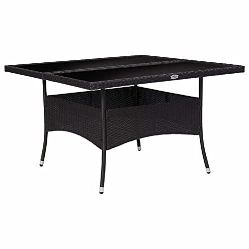 Homgoday Table de salle à manger d'extérieur en polyrotin noir et verre, table de salle à manger extérieure, table basse, table de jardin, table de bistrot, table de patio, meubles de salle à manger