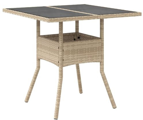 Gecheer Gartentisch Garten Esstisch Terrassentisch Gartenmöbel Außentisch Tisch mit Glasplatte Beige 80x80x75 cm Poly Rattan