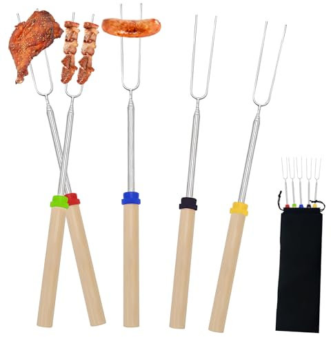 Lithyc 5 PièCes Brochettes Pour Barbecue - Pique Brochette - Brochette Barbecue - Convient Pour Feu De Camp,Barbecue,Cuisine De Camping En Plein Air,Fourchette TéLescopique Avec Manche En Bois