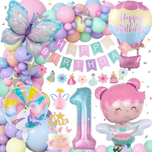 SIMSPEAR Einhorn Deko 1 Jahre Kindergeburtstag, 1 Jahr Geburtstagsdeko Mädchen, Einhorn Party Deko für Geburtstags Pastell Luftballons Girlande, Folienballon 1 und Schmetterling Deko
