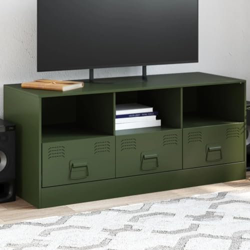 Rantry Mobile TV Verde Oliva 99x39x44 cm in Acciaio Mobili, Tavolino per TV,Mobile Porta TV Soggiorno,Mobiletto Basso per TV da Salotto Industriale Supporto TV oo