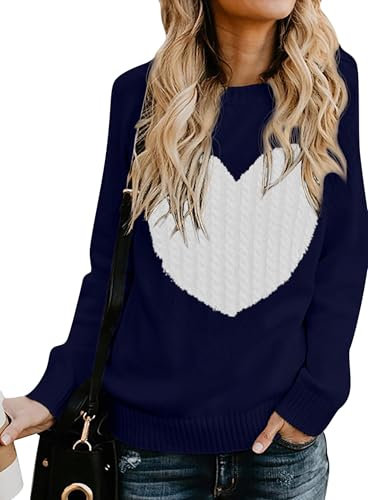 QIXING Women's Jumper Heart-Shaped Cable Knit Winter Sweater Round Neck Long Sleeve Valentine's Day Pullover for Mother Girlfriend (Navy Blue-White, L)