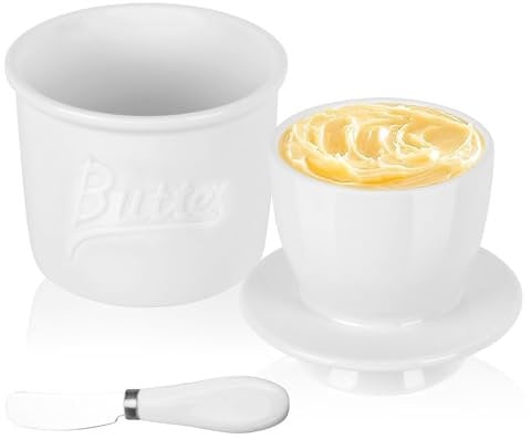 Französische Butterdose Porzellan Buttertopf mit Buttermesser, Keramische Butterglocke Wassergekühlt mit Deckel für Frische und Streichfähige Butter
