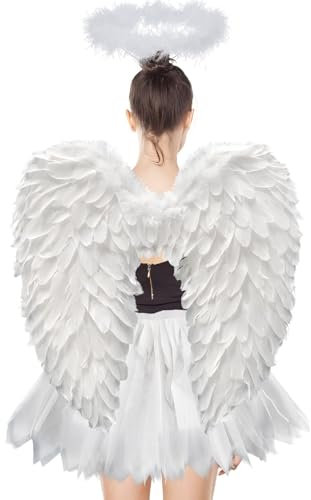 Disfraz de ángel blanco para adulto, 3 unidades, disfraz de ángel blanco, 60 cm, falda de tul de 70 – 110 cm, alas de ángel para mujer, alas de ángel para adultos, falda tutú, alas de ángel para niños