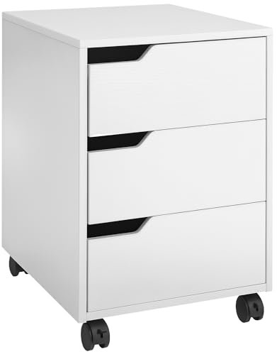HOMCOM Cassettiera da Ufficio Portadocumenti a 3 Cassetti con Maniglie a Scomparsa, Armadietto da Ufficio a 4 Ruote in Legno e Metallo, 40x50x57.5 cm, Bianco