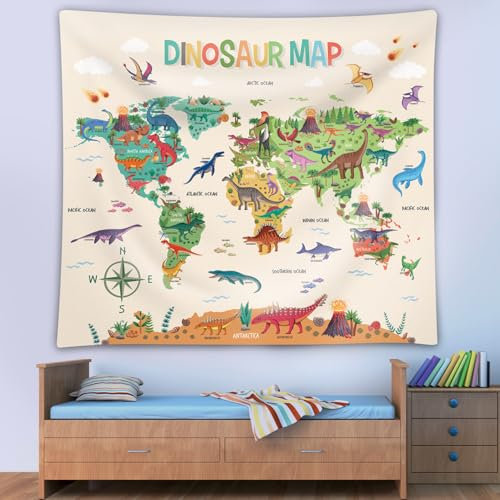 DECOWALL TP-012 Wandteppich mit Dinosaurier-Weltkarte, 150 x 130 cm Poster für Kinder pädagogisches Lernen Wandbehang für Schlafzimmer Wohnzimmer Kinderzimmer Wohnheim Heimdekoration Kunst Klassenzimm