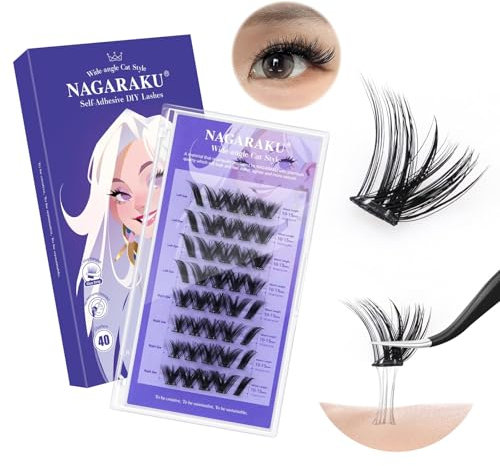 NAGARAKU Pestañas Autoadhesivas 40 Racimos DIY Pestañas Adhesivas Un Paso Presionando Sin Pegamento Ni Removedor Reutilizables Pre-pegado Vuelo Oblicuo con Efecto Delineador de Ojos (0,07mm C 10-15mm)