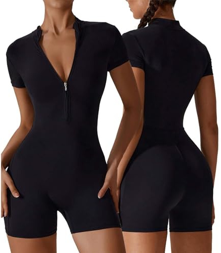 Women's Sexy Jumpsuits and Rompers with Zip Short Sleeve One Piece Summer with V Neck Jumpsuit for Fitness Yoga Casual Workout Ribbed Bodysuit