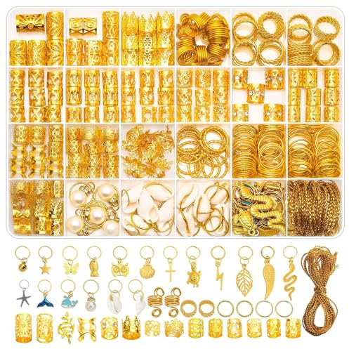 285 Stück Schmuck Haarspiralen Clips,Goldener Haarschmuck für Zöpfe, Dreadlock-Haar-Accessoire-Set, Zubehör für Haargeflechte, zum Schmücken von Damen- Und Herrenhaaren