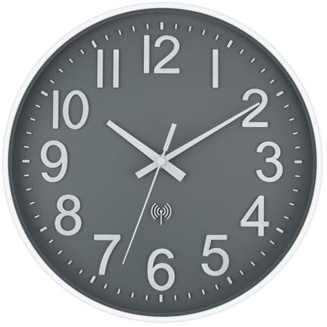 Foxtop Wanduhr Funk Funkgesteuerte Wanduhr 30 cm Geräuschlos & Lautlos Großes Zifferblatt Analog ohne Ticken Für Küche, Wohnzimmer, Badezimmer DCF-Funksignal Modernes Design Weiß-Grau